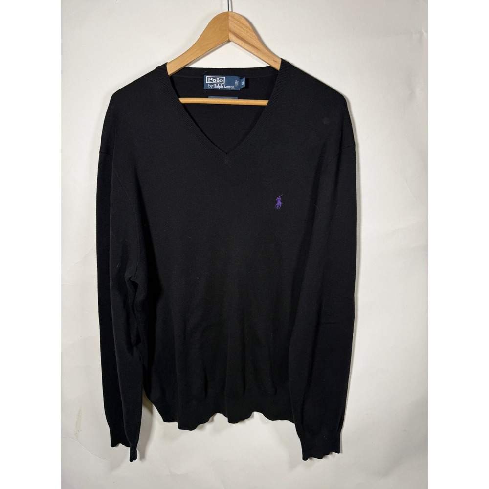 Polo Ralph Lauren Mens XXL Black Pima Cotton V-Neck Sweater Purple Pony Logo